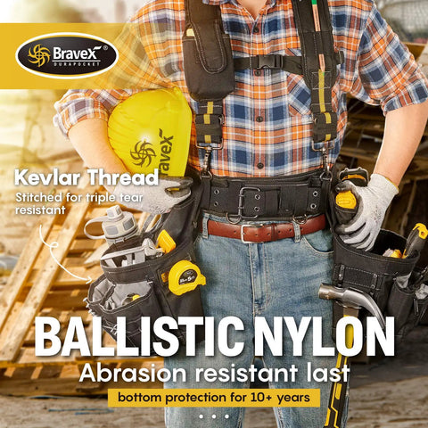 Person wearing Heavy Duty Tool Belt With 20-Pocket Framer Vest, Yoke-Style Suspenders And Apron Combo, made of Ballistic Nylon