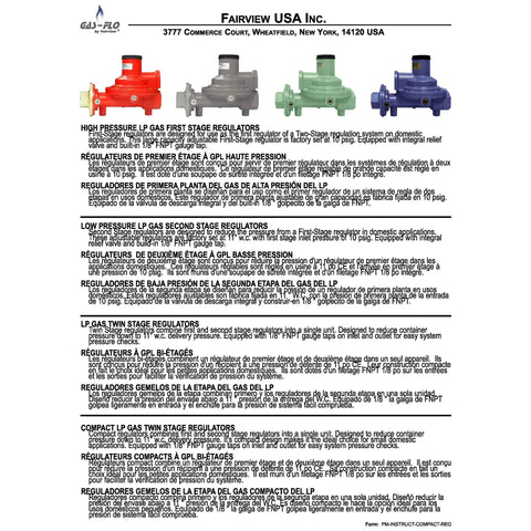 Fairview GR-968C compact two-stage propane regulator, front view with four units in red, gray, green, and blue.