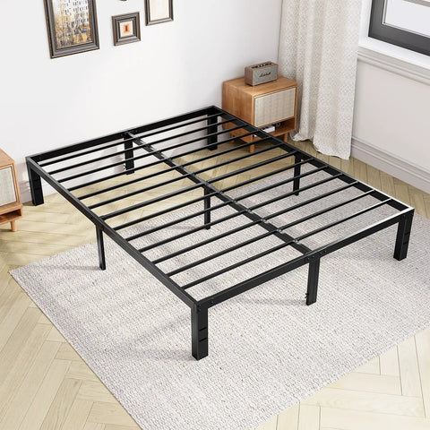 Full Size Metal Platform Bed Frame With Underbed Storage, Legit Heavy Duty Reinforced Steel Mattress Foundation on carpet.
