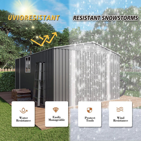 10x14 Foot Galvanized Steel Outdoor Storage Shed With Lockable Door And Window Waterproof Garden Tool Storage in snowy and sunny weather