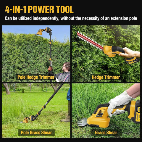 4-In-1 Cordless Pole Hedge Trimmer With 2x3000mAh Batteries, 16 Ft Reach, 180-Degree Adjustable Head, Grass Shear And Electric Hedge Trimming Tool, No-Fuss Setup, Battery Powered Yard Care