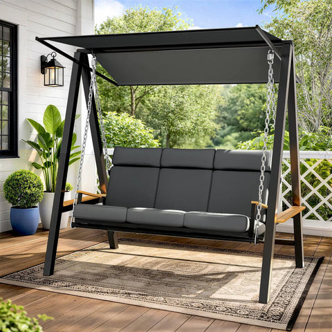 Three To Four Seat Porch Swing With Stand For Backyard Lounging, 990 Lbs Heavy Duty Outdoor Swing, adjustable canopy shown