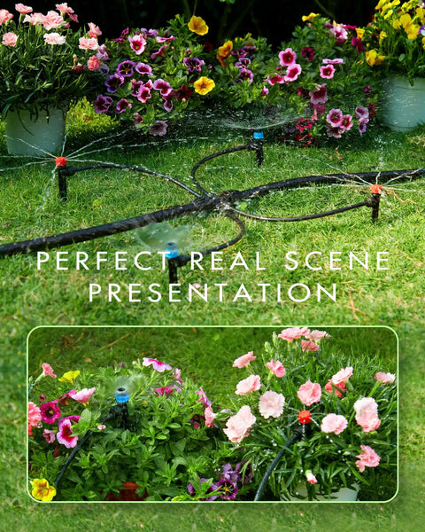 95.5 Feet Drip Irrigation Kit for Automatic Garden Watering with flowers and tubing setup in garden scene