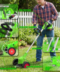 Man using Cordless 3-in-1 Weed Wacker With Dual 2000mAh Batteries, Lightweight String Trimmer, Brush Cutter And Lawn Edger With Wheels