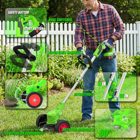 Man using Cordless 3-in-1 Weed Wacker With Dual 2000mAh Batteries, Lightweight String Trimmer, Brush Cutter And Lawn Edger With Wheels