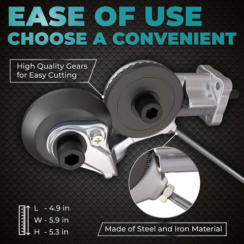 Metal Nibbler Drill Attachment For Electric Drills Deluxe Plate Cutter Attachment 2023 Model showing gears and dimensions.