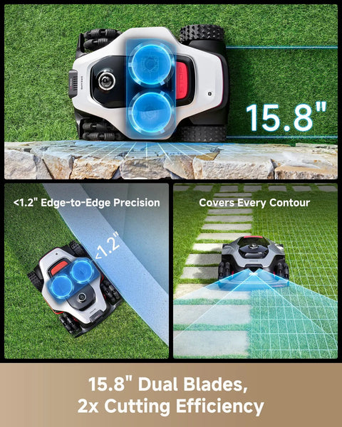 LiDAR 2500 Robotic Lawn Mower With Pro AI Vision True 4WD Traction showing dual disc cutting and edge precision.