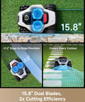 LiDAR 3500 4WD Robotic Lawn Mower with Dual AI Vision Pro Edition cutting grass near a stone edge, demonstrating precision and coverage.
