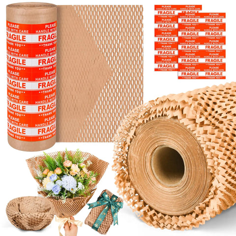 Eco Friendly Packing Paper 12 Inch By 55 Foot For Moving And Shipping, honeycomb cushioning roll with red fragile stickers