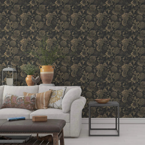 Light Gold Vintage Floral Butterfly Peel and Stick Wallpaper on Dark Background Retro Vinyl Self Adhesive Contact Paper in living room