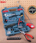 65 Piece Compact Auto Garage Tool Kit With Digital Tire Pressure Gauge And Magnetic Pickup Essential Car Bike RV Repair Tools In A Slim Toolbox Case For Trunk Or Under Seat Storage displayed open on a workbench