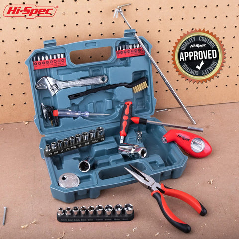 65 Piece Compact Auto Garage Tool Kit With Digital Tire Pressure Gauge And Magnetic Pickup Essential Car Bike RV Repair Tools In A Slim Toolbox Case For Trunk Or Under Seat Storage displayed open on a workbench