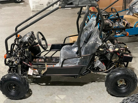 Kids 125cc Go Kart Raptor Style Fully Automatic With Reverse Blue Mid Size 4 Stroke Power displayed in garage