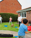 Family playing in yard with 5 Piece Baseball And Softball Base Set With Carrying Bag Includes 3 Throw Down Bases 1 Home Plate 1 Pitching Rubber For Backyard Practice And Kickball Softball Games Portable Lightweight Blue Solid.