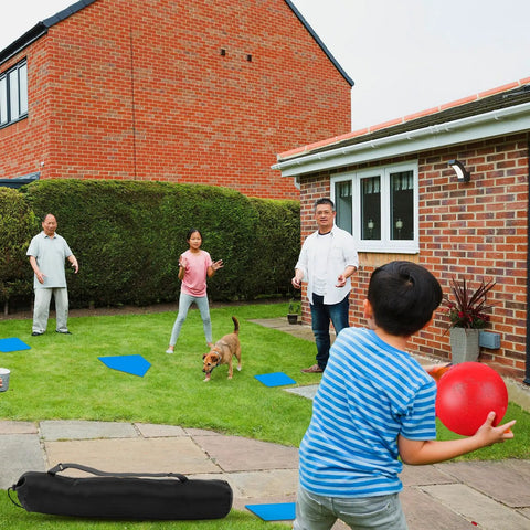 Family playing in yard with 5 Piece Baseball And Softball Base Set With Carrying Bag Includes 3 Throw Down Bases 1 Home Plate 1 Pitching Rubber For Backyard Practice And Kickball Softball Games Portable Lightweight Blue Solid.