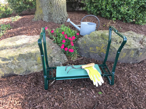 Folding Kneeler Garden Bench And Seat For Yard Work, A Real Workhorse That Converts From Kneeler To Chair, shown in garden setting