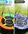 UV resistant saucer swing comparison showing anti-aging Teslin fabric vs aged 900D Oxford fabric for 3 In 1 Outdoor Swing Set.
