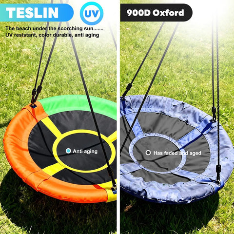 UV resistant saucer swing comparison showing anti-aging Teslin fabric vs aged 900D Oxford fabric for 3 In 1 Outdoor Swing Set.