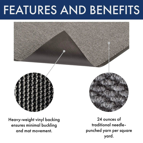 Polynib Indoor Entrance Mat 3 Ft By 6 Ft Gray For Home Or Office, features vinyl backing and needle-punched yarn.