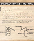 Installation instructions for stainless steel spring hinge 4 inch square with adjustable tension and hex wrench included.
