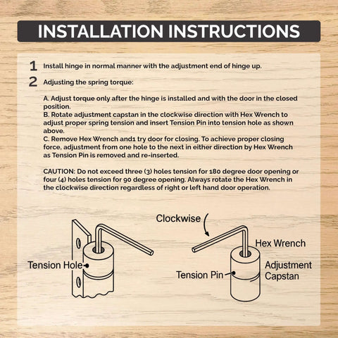 Installation instructions for stainless steel spring hinge 4 inch square with adjustable tension and hex wrench included.