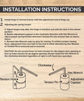 Installation instructions for Four And A Half Inch Square Spring Hinges Set on wooden background with diagram and steps.