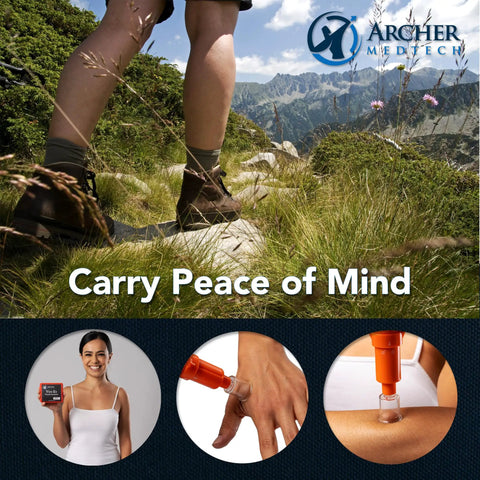 Hiker with Ven Ex Snake Bite Kit, portable venom extractor in use, showcasing outdoor first aid for hiking and emergencies.
