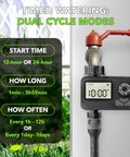 Programmable Sprinkler Timer With Rain Delay For Garden Hose attached to faucet with digital display showing time settings
