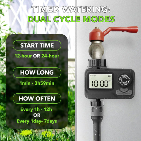 Programmable Sprinkler Timer With Rain Delay For Garden Hose attached to faucet with digital display showing time settings