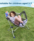 Child sitting on Kids Hammock Chair With Stand, Adjustable Folding Camping Chair For Travel, Portable Green Hammock Seat