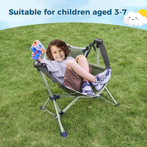Child sitting on Kids Hammock Chair With Stand, Adjustable Folding Camping Chair For Travel, Portable Green Hammock Seat