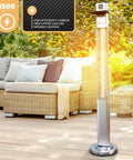 Infrared Patio Heater With Remote Control 1500 W Outdoor Electric Heater on wooden deck next to outdoor furniture