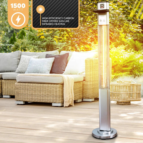 Infrared Patio Heater With Remote Control 1500 W Outdoor Electric Heater on wooden deck next to outdoor furniture