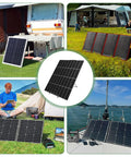 Collage of 2 Pack Portable Folding Solar Panel Stand With Quick Angle Adjustment Lightweight Mount For Panels 0.35 Inches Thick Or Less in use outdoors on campers, boats, and grass.