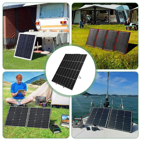 Collage of 2 Pack Portable Folding Solar Panel Stand With Quick Angle Adjustment Lightweight Mount For Panels 0.35 Inches Thick Or Less in use outdoors on campers, boats, and grass.