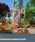 Person using 3 In 1 Leaf Blower Mulcher Vacuum for easy lawn care with 350 CFM airflow, 210 MPH mulches leaves at 18 to 1 ratio WG509