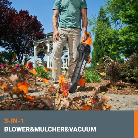 Person using 3 In 1 Leaf Blower Mulcher Vacuum for easy lawn care with 350 CFM airflow, 210 MPH mulches leaves at 18 to 1 ratio WG509