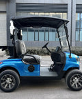 Kick Back In Style On This 2 Seat Electric Golf Cart Designed For Sightseeing And Leisure With Smooth MacPherson Strut Suspension 4KW Motor Advanced Disc Brakes And Huge Touchscreen Entertainment Setup side view of blue two-seater electric golf cart with sleek design