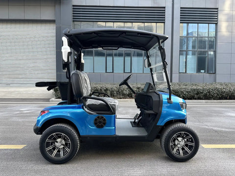 Kick Back In Style On This 2 Seat Electric Golf Cart Designed For Sightseeing And Leisure With Smooth MacPherson Strut Suspension 4KW Motor Advanced Disc Brakes And Huge Touchscreen Entertainment Setup side view of blue two-seater electric golf cart with sleek design