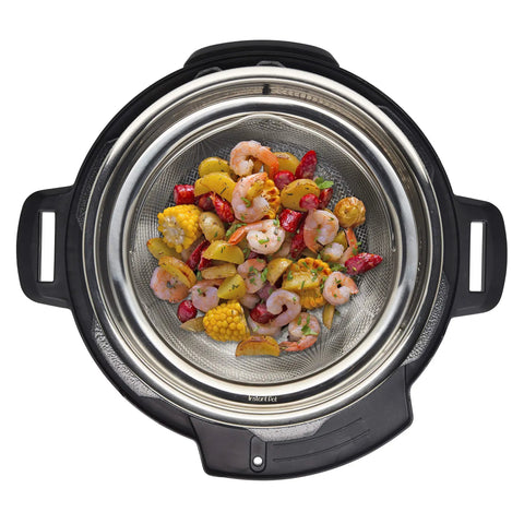 Round Stainless Steel Mesh Steamer Basket For Pressure Cookers with vegetables and seafood, Easy Lift Handle, Durable Kitchen Steamer