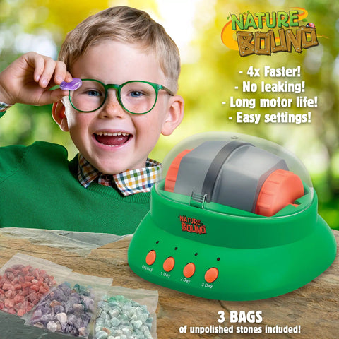 Starter Rock Tumbler Kit For Kids With Fast Polish Includes Rough Gemstones Polishing Grit Jewelry Findings And Kid Friendly Easy Instructions A STEM Science Kit For Young Geologists Ages 8 Plus in use by a child with stones and tumbler displayed.