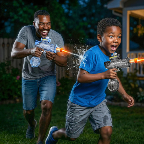 Electric Water Guns 2 Pack Light Up Auto Squirt Blasters for Kids and Adults, High Powered Fully Auto Water Cannon in action at night.