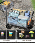 Push And Pull Collapsible Shopping Cart With Wheels And Brakes Foldable Grocery Wagon With Built In Basket Side Pockets And Cup Holders Beach And Camping Utility Rolling Cart Black loaded with camping gear