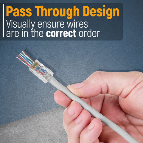 Hand holding RJ45 Cat6 Pass Through Connector with clear housing for easy wire identification and minimal noise in networking.
