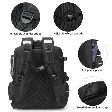 Back view of the 45L Insulated Tackle Backpack For Fishing Gear, showing adjustable straps, breast buckle, and phone pocket details.