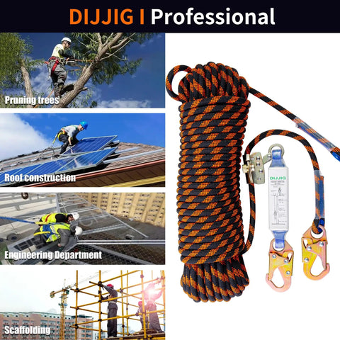 Heavy Duty Roof Safety Rope Lanyard 25Ft With Grab Snap Hooks And Shock Absorber Fall Protection For Roofing Tree Climbing And Construction ANSI CE Certified 0.55 Inch Diameter High Strength Polyester Fiber Lanyard, shown coiled with snap hooks.