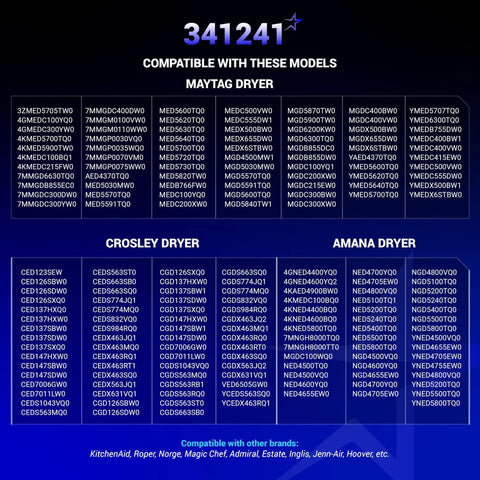 Dryer Drum Belt Replacement 341241 compatibility chart for Whirlpool, Kenmore, Amana, and other dryers.