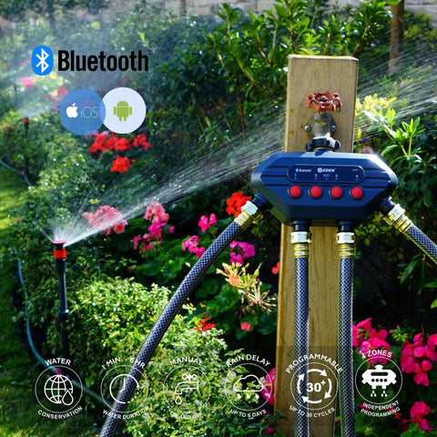 Four Zone Bluetooth Water Timer With Independent Programs And 30 Customizable Cycles, mounted outdoors controlling sprinklers