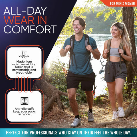 Couple hiking wearing heavy duty 20 to 30 mmHg ankle brace and compression socks for men and women, promoting all-day comfort.