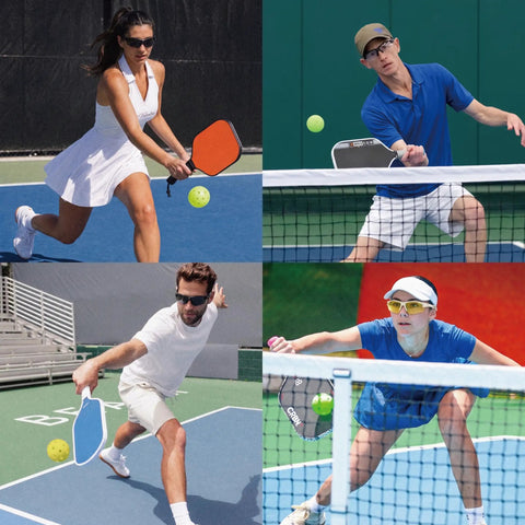Ultra Lightweight Anti Fog Safety Glasses With Clear Shields Ansi Z87 Plus Certified worn by players on a pickleball court.